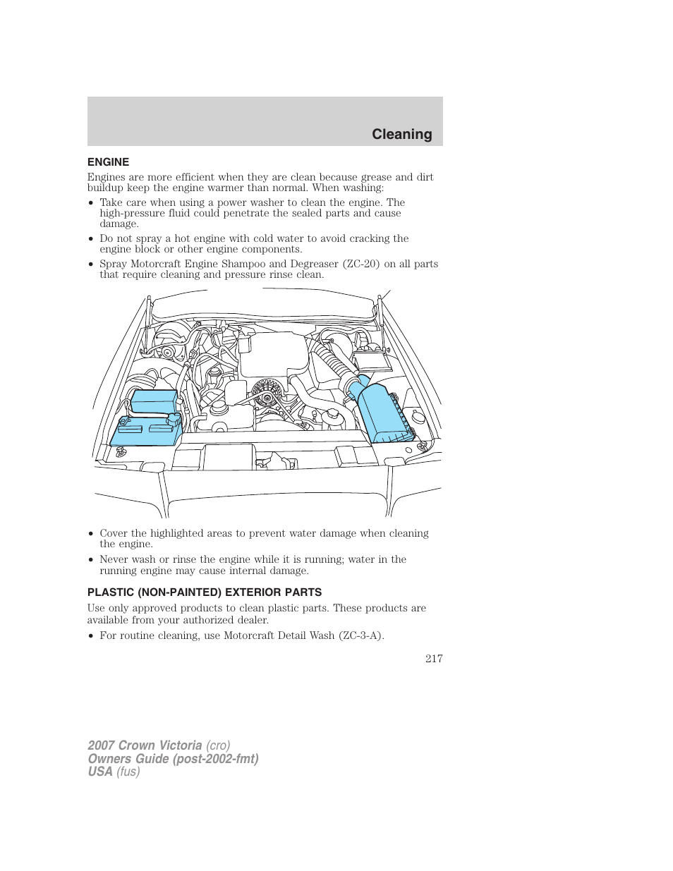 Engine, Plastic (non-painted) exterior parts, Cleaning | FORD 2007 Crown Victoria v.3 User Manual | Page 217 / 272