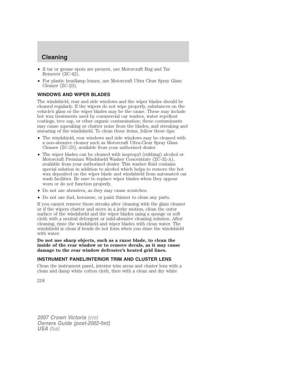 Windows and wiper blades, Instrument panel/interior trim and cluster lens, Cleaning | FORD 2007 Crown Victoria v.3 User Manual | Page 218 / 272