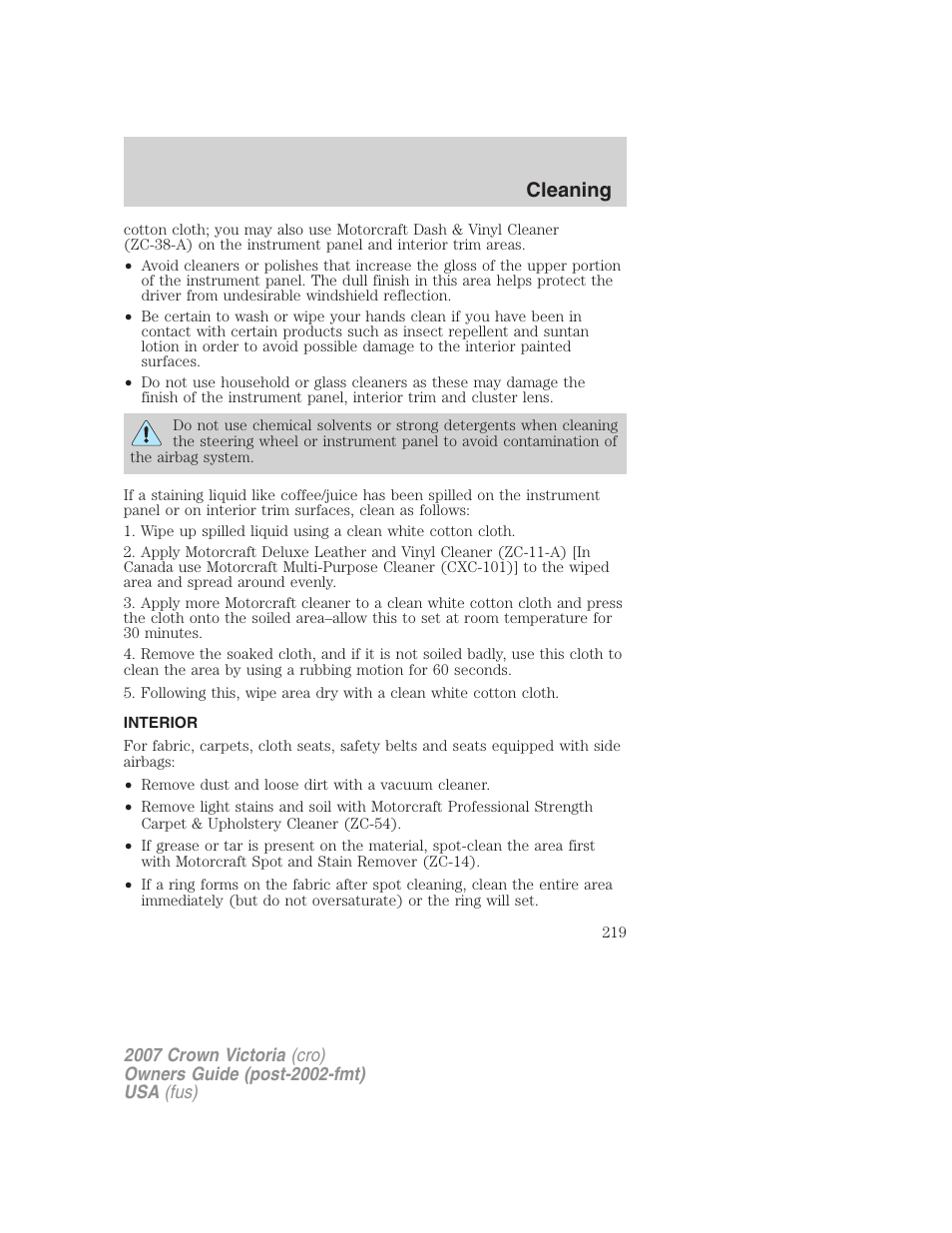 Interior, Cleaning | FORD 2007 Crown Victoria v.3 User Manual | Page 219 / 272