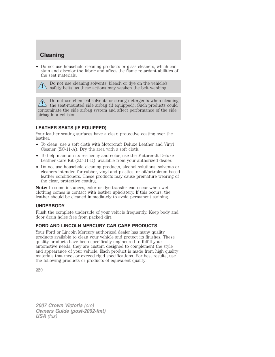 Leather seats (if equipped), Underbody, Ford and lincoln mercury car care products | Cleaning | FORD 2007 Crown Victoria v.3 User Manual | Page 220 / 272