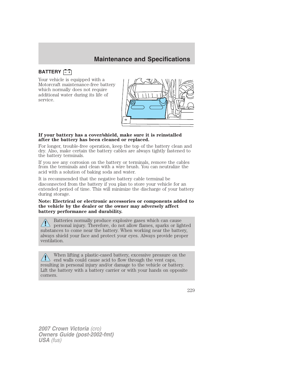 Battery, Maintenance and specifications | FORD 2007 Crown Victoria v.3 User Manual | Page 229 / 272