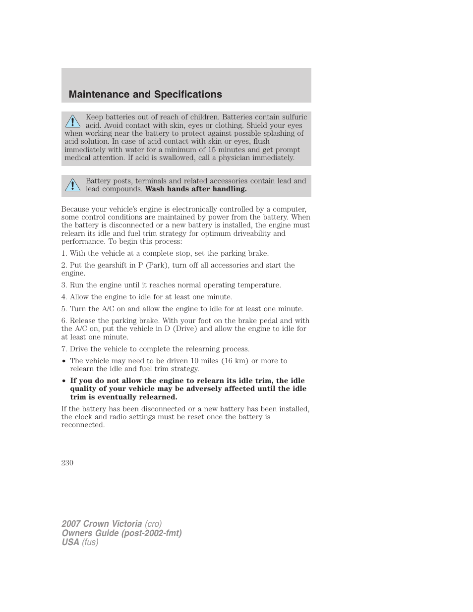 Maintenance and specifications | FORD 2007 Crown Victoria v.3 User Manual | Page 230 / 272