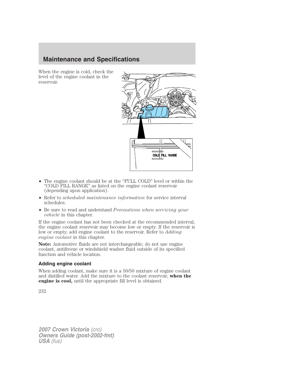 Adding engine coolant, Maintenance and specifications | FORD 2007 Crown Victoria v.3 User Manual | Page 232 / 272