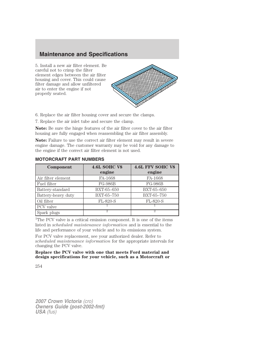 Motorcraft part numbers, Part numbers, Maintenance and specifications | FORD 2007 Crown Victoria v.3 User Manual | Page 254 / 272