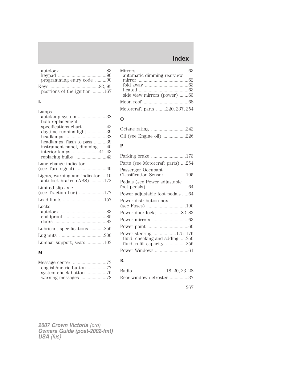 Index | FORD 2007 Crown Victoria v.3 User Manual | Page 267 / 272