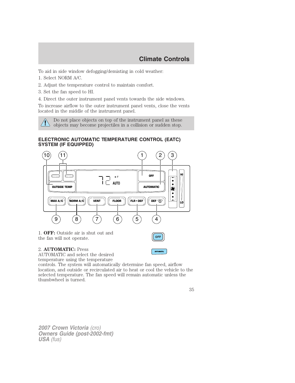 Automatic temperature control, Climate controls | FORD 2007 Crown Victoria v.3 User Manual | Page 35 / 272