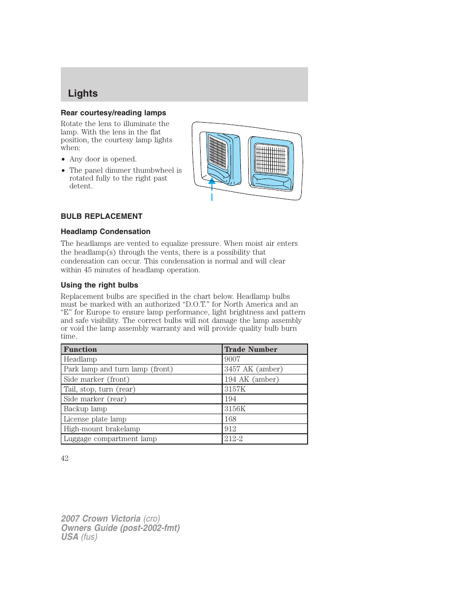 Rear courtesy/reading lamps, Bulb replacement, Headlamp condensation | Using the right bulbs, Lights | FORD 2007 Crown Victoria v.3 User Manual | Page 42 / 272