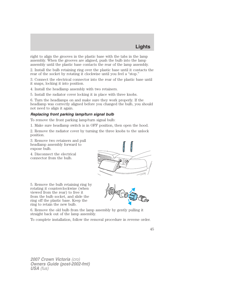 Replacing front parking lamp/turn signal bulb, Lights | FORD 2007 Crown Victoria v.3 User Manual | Page 45 / 272