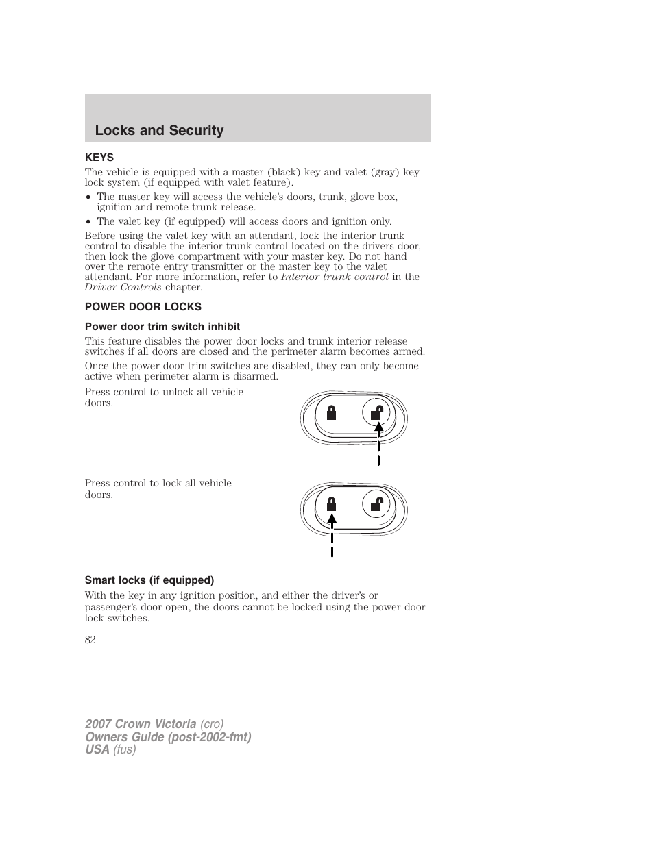 Locks and security, Keys, Power door locks | Power door trim switch inhibit, Smart locks (if equipped), Locks | FORD 2007 Crown Victoria v.3 User Manual | Page 82 / 272