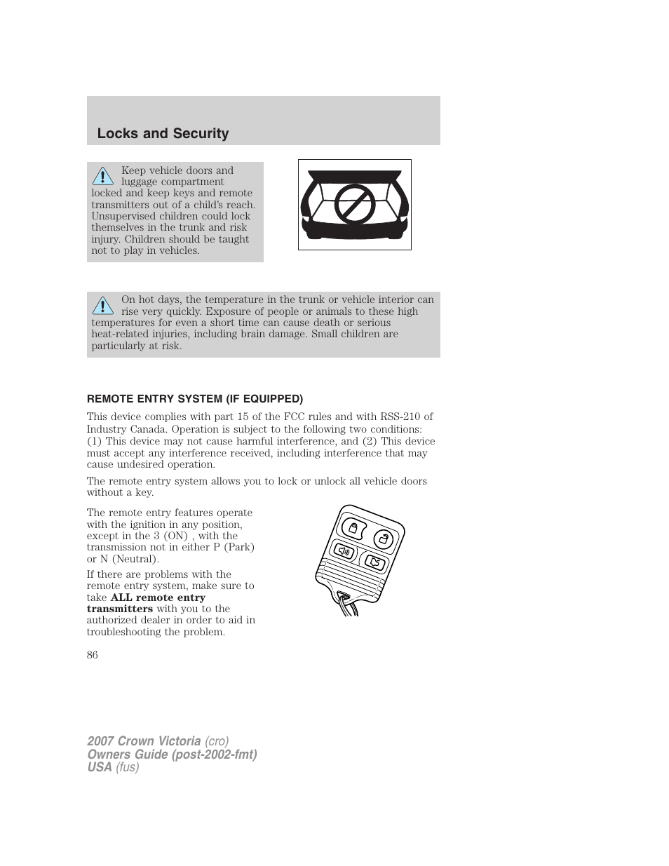 Remote entry system (if equipped), Locks and security | FORD 2007 Crown Victoria v.3 User Manual | Page 86 / 272