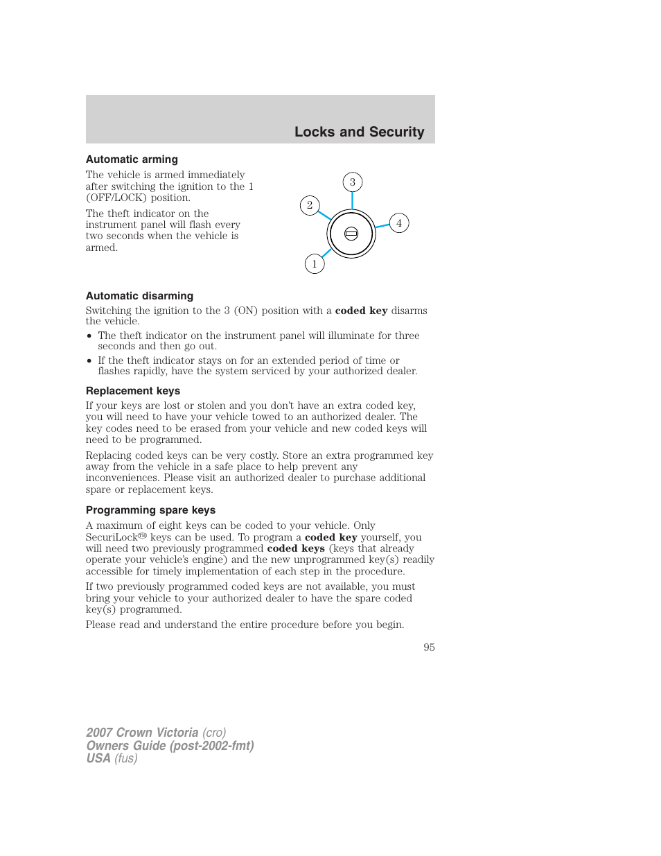 Automatic arming, Automatic disarming, Replacement keys | Programming spare keys, Locks and security | FORD 2007 Crown Victoria v.3 User Manual | Page 95 / 272