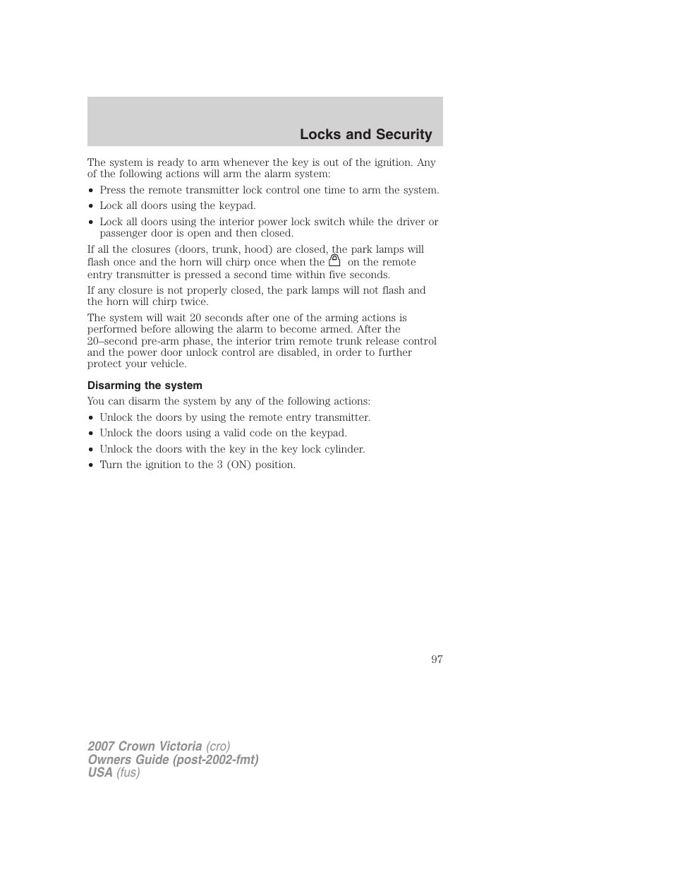 Disarming the system, Locks and security | FORD 2007 Crown Victoria v.3 User Manual | Page 97 / 272