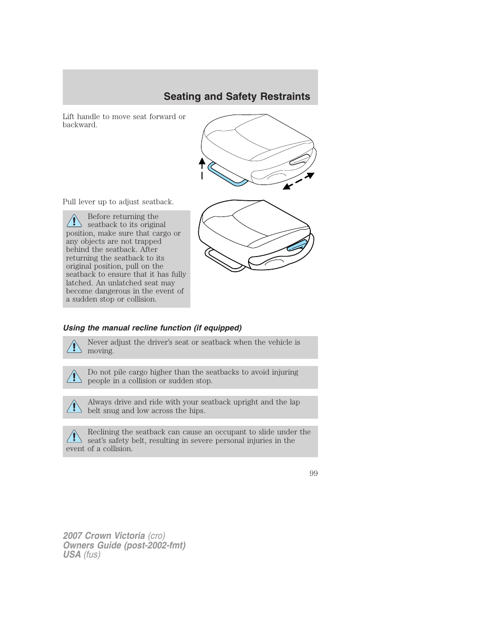 Using the manual recline function (if equipped), Seating and safety restraints | FORD 2007 Crown Victoria v.3 User Manual | Page 99 / 272