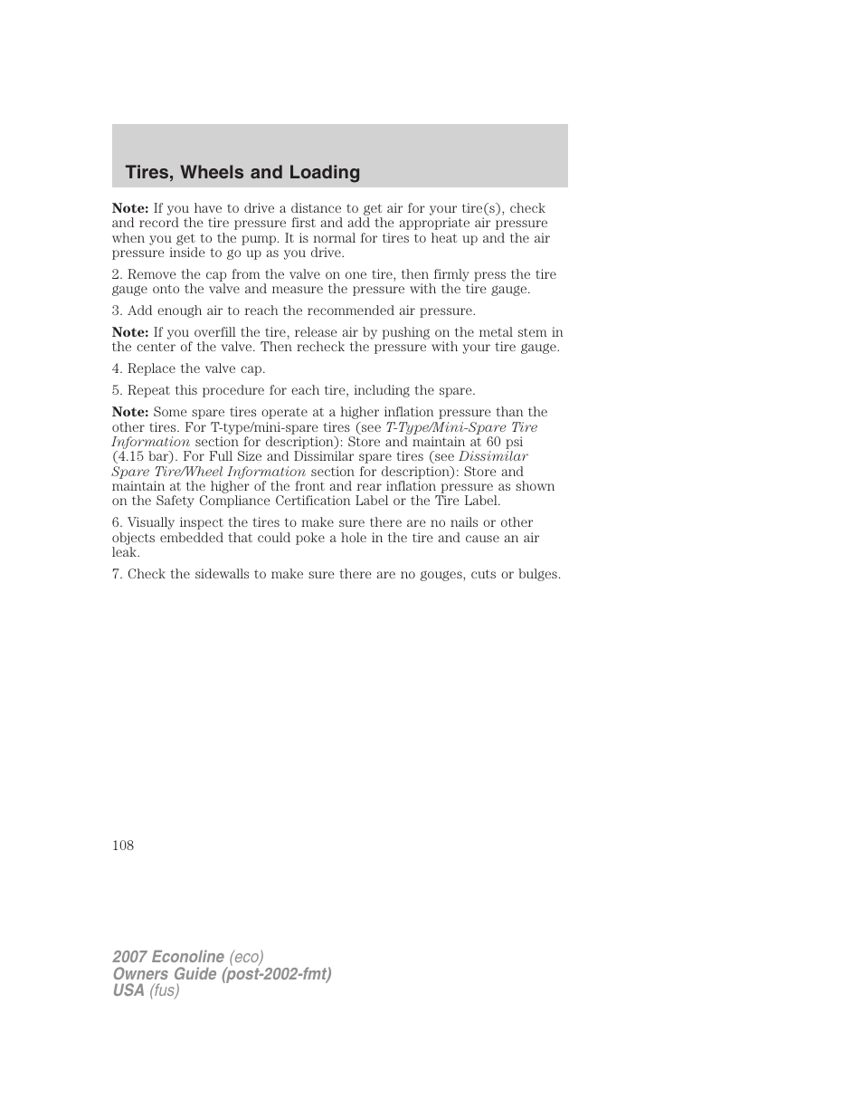 Tires, wheels and loading | FORD 2007 E-450 v.1 User Manual | Page 108 / 264