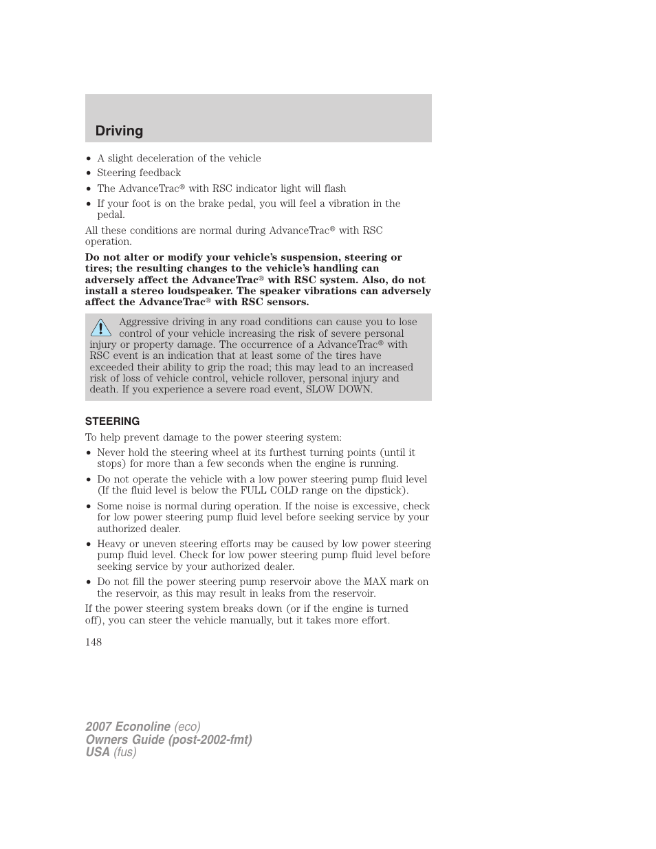 Steering, Driving | FORD 2007 E-450 v.1 User Manual | Page 148 / 264