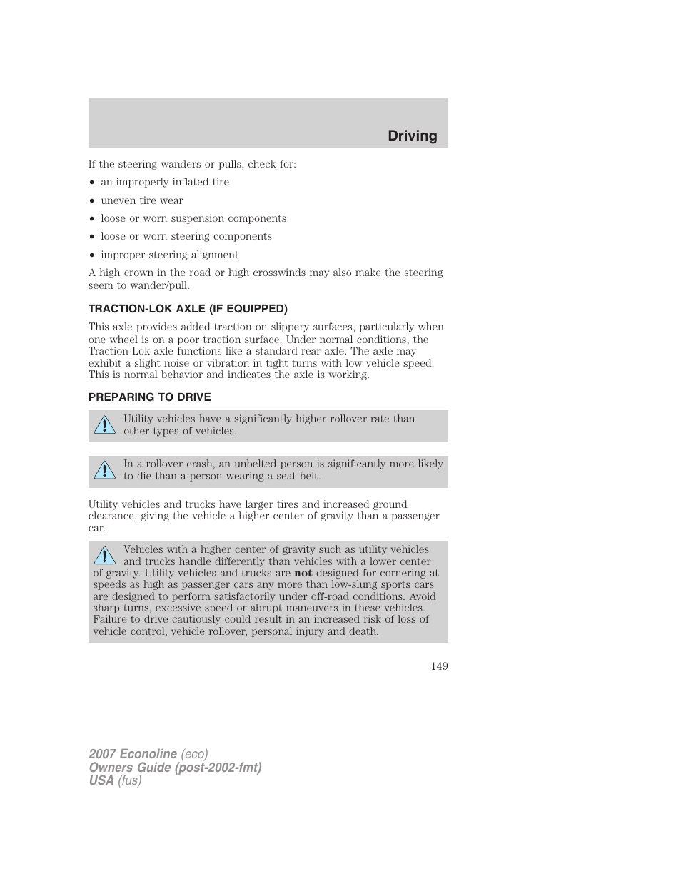 Traction-lok axle (if equipped), Preparing to drive, Driving | FORD 2007 E-450 v.1 User Manual | Page 149 / 264