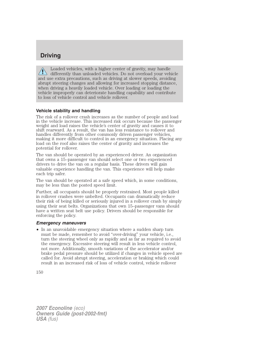 Vehicle stability and handling, Emergency maneuvers, Driving | FORD 2007 E-450 v.1 User Manual | Page 150 / 264