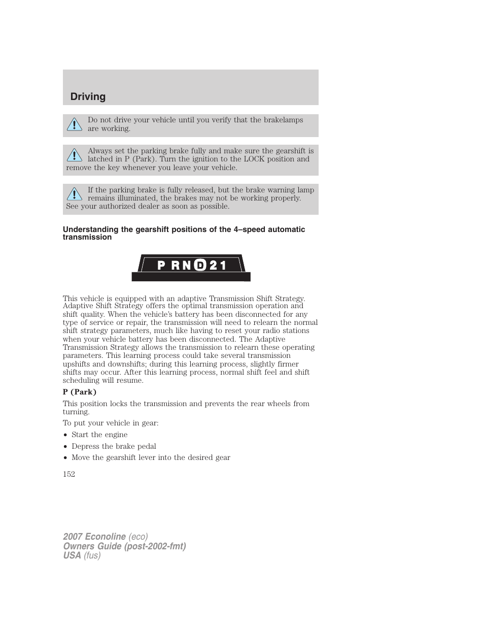 Driving | FORD 2007 E-450 v.1 User Manual | Page 152 / 264