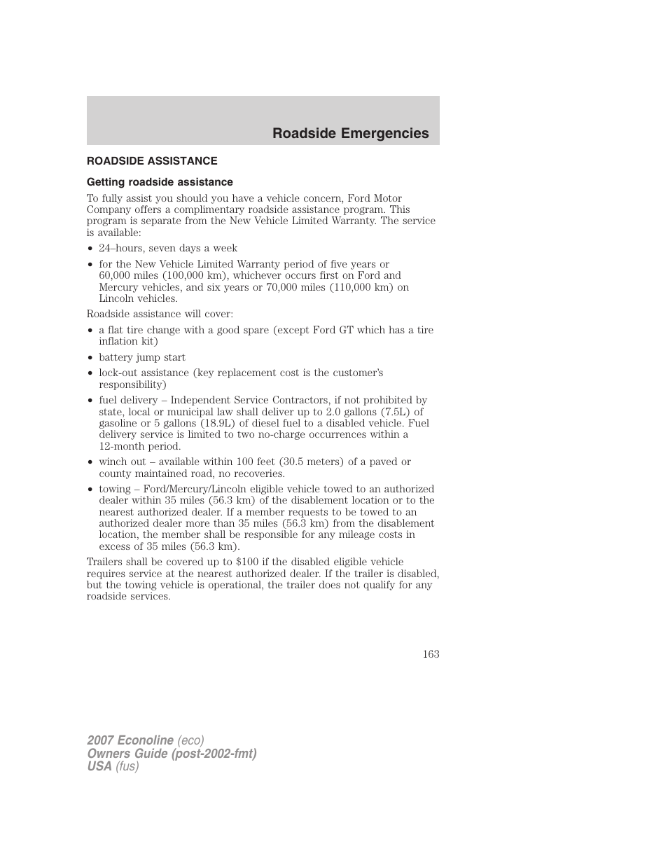 Roadside emergencies, Roadside assistance, Getting roadside assistance | FORD 2007 E-450 v.1 User Manual | Page 163 / 264