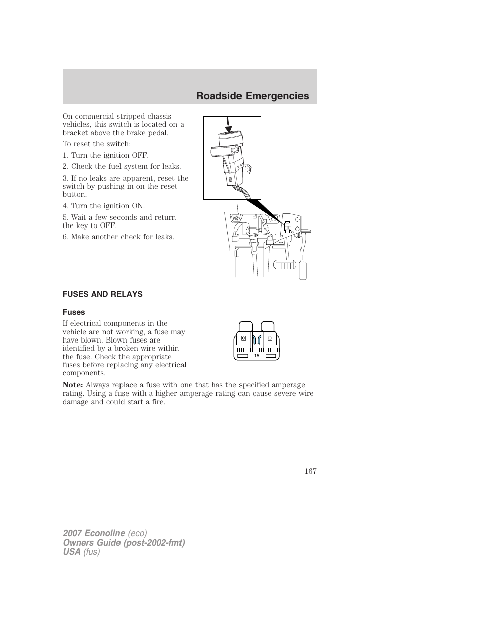 Fuses and relays, Fuses, Roadside emergencies | FORD 2007 E-450 v.1 User Manual | Page 167 / 264