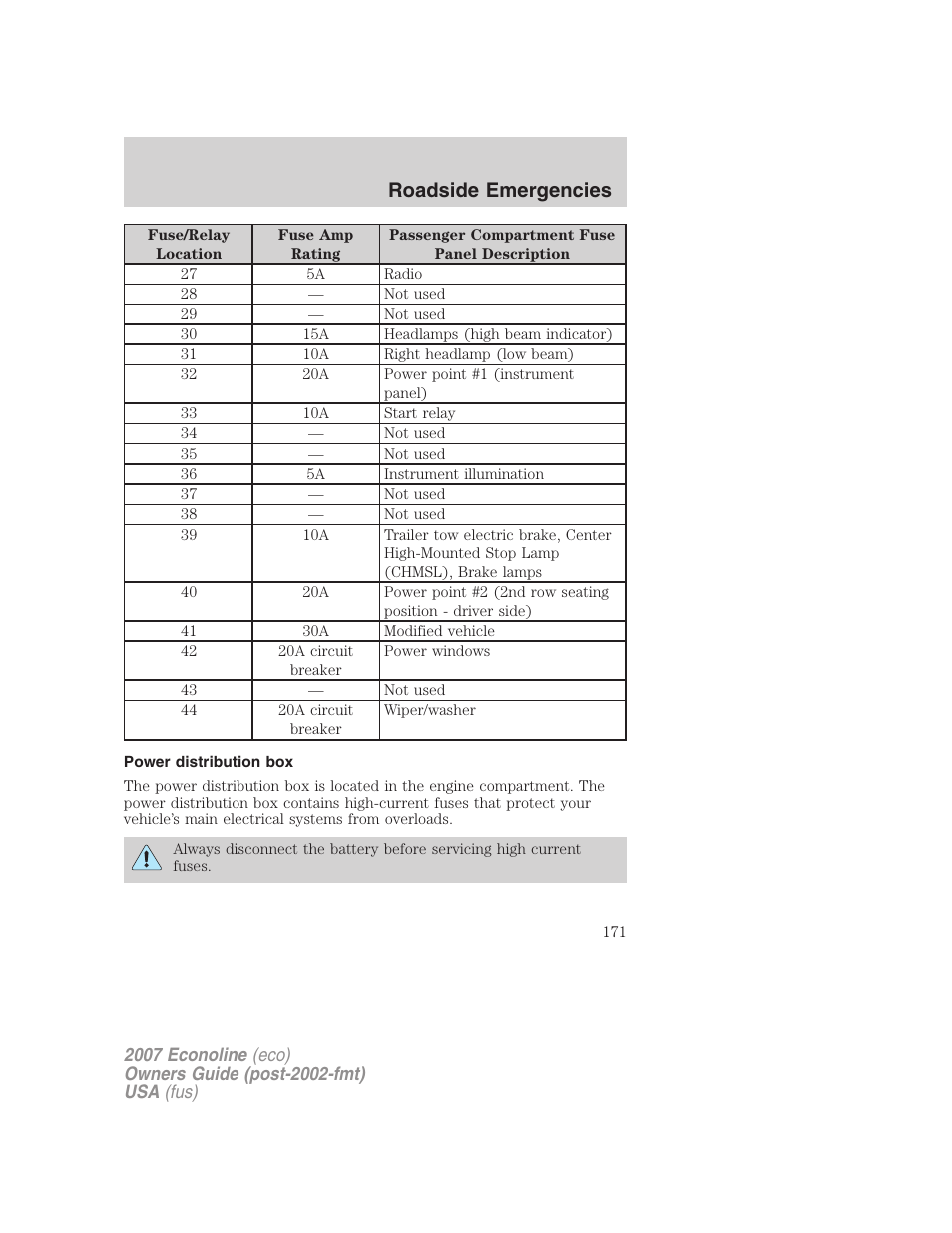Power distribution box, Roadside emergencies | FORD 2007 E-450 v.1 User Manual | Page 171 / 264