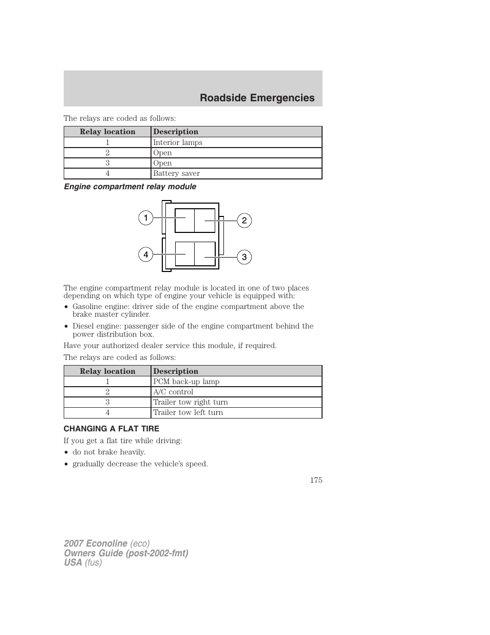 Engine compartment relay module, Changing a flat tire, Changing tires | Roadside emergencies | FORD 2007 E-450 v.1 User Manual | Page 175 / 264