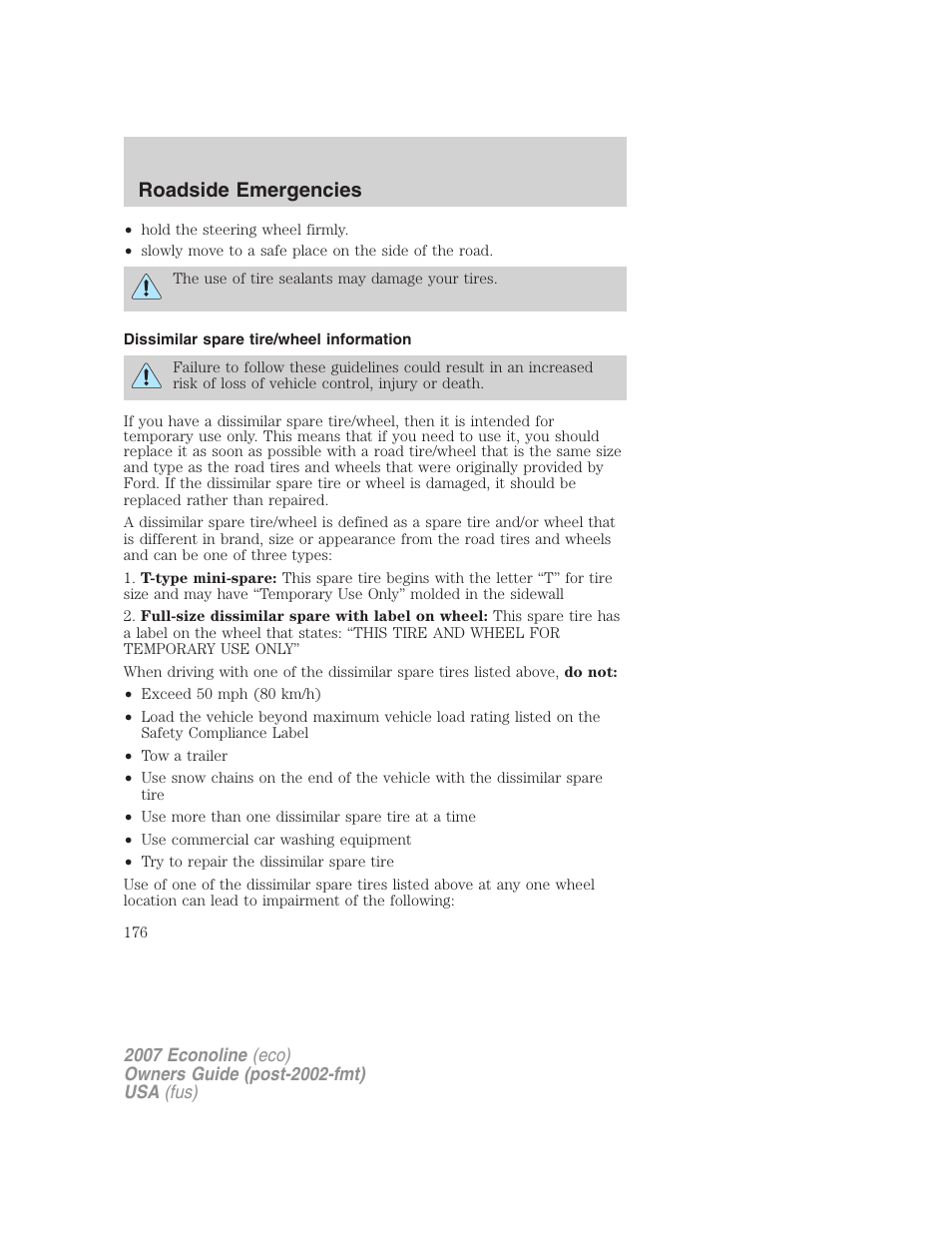 Dissimilar spare tire/wheel information, Roadside emergencies | FORD 2007 E-450 v.1 User Manual | Page 176 / 264