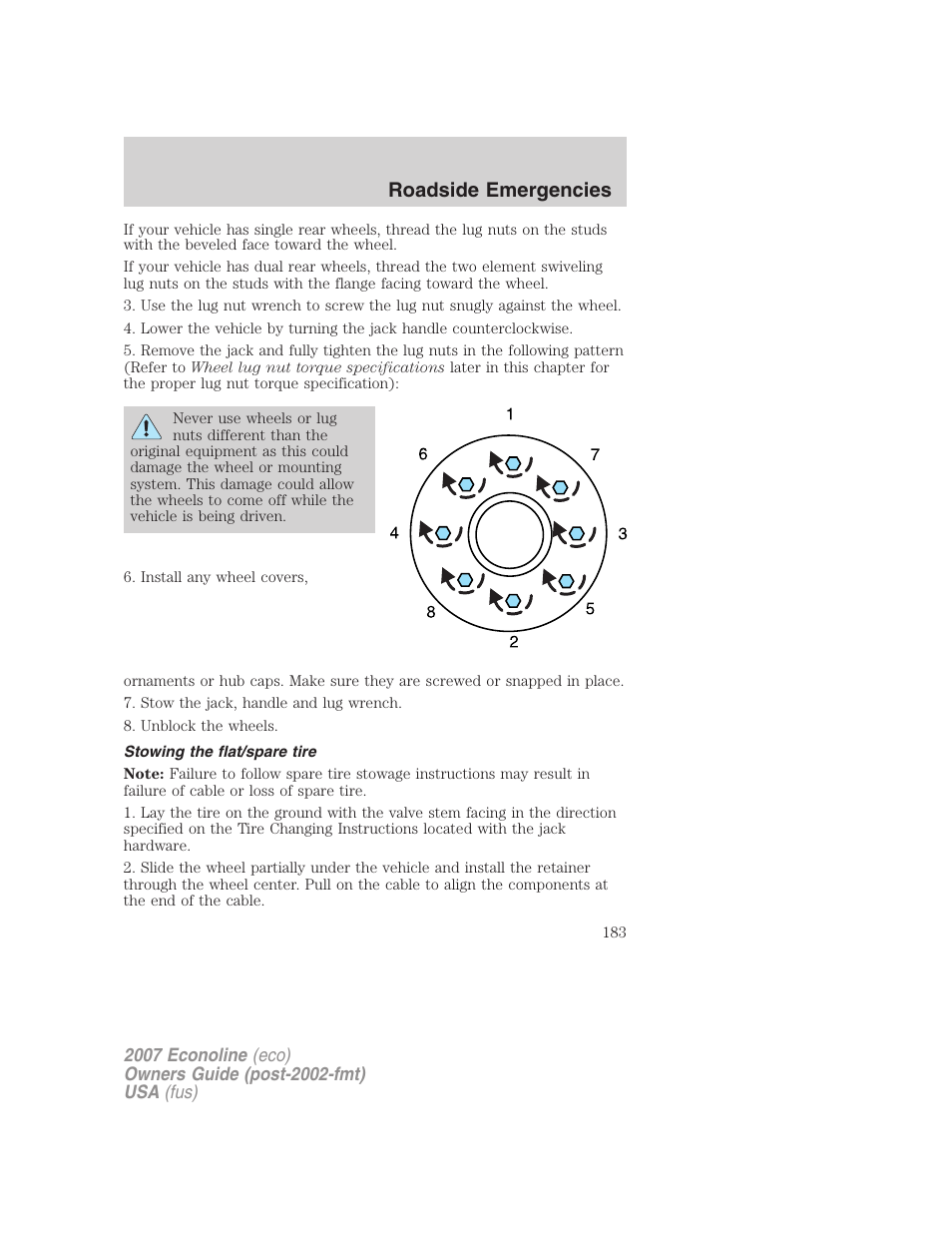 Stowing the flat/spare tire, Roadside emergencies | FORD 2007 E-450 v.1 User Manual | Page 183 / 264