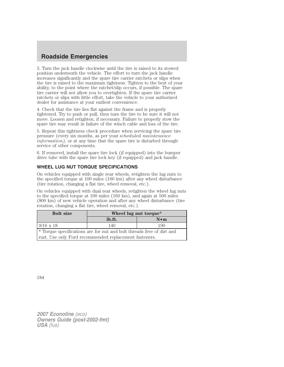 Wheel lug nut torque specifications, Lug nut torque, Roadside emergencies | FORD 2007 E-450 v.1 User Manual | Page 184 / 264