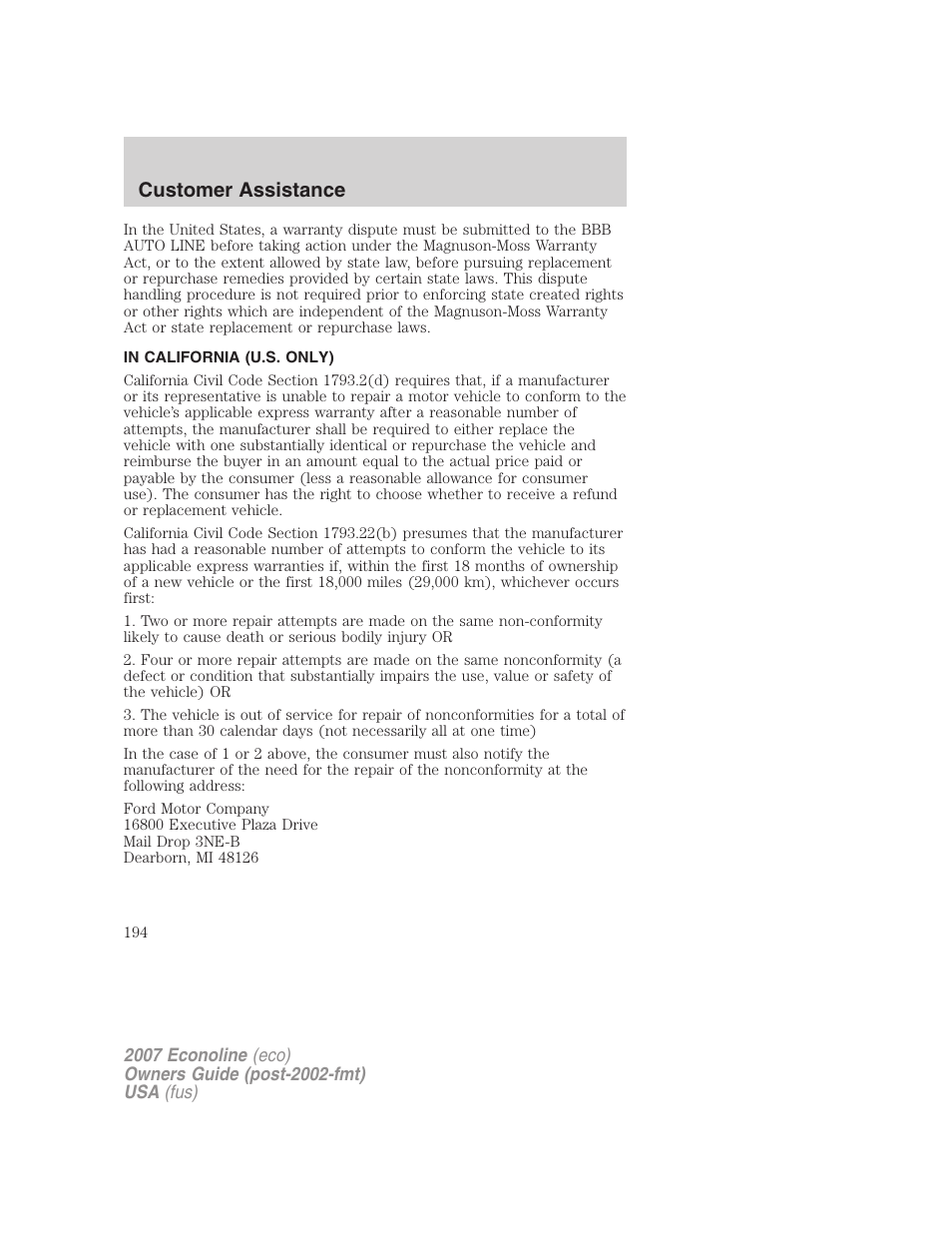 In california (u.s. only), Customer assistance | FORD 2007 E-450 v.1 User Manual | Page 194 / 264