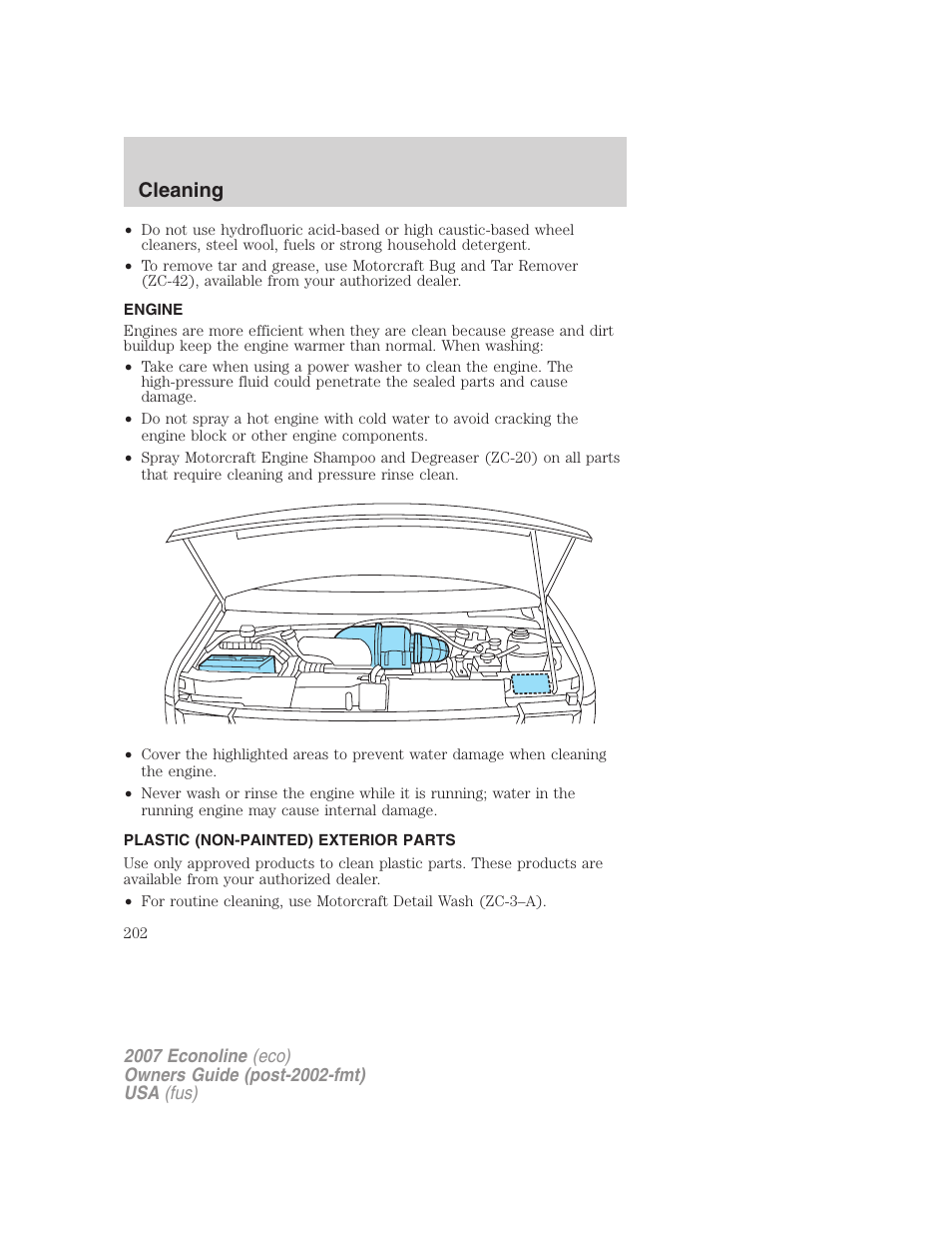 Engine, Plastic (non-painted) exterior parts, Cleaning | FORD 2007 E-450 v.1 User Manual | Page 202 / 264