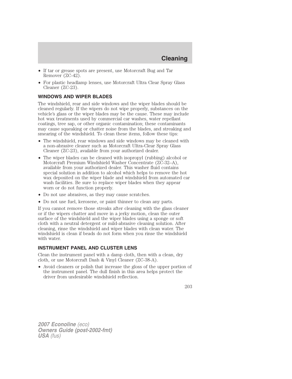 Windows and wiper blades, Instrument panel and cluster lens, Cleaning | FORD 2007 E-450 v.1 User Manual | Page 203 / 264