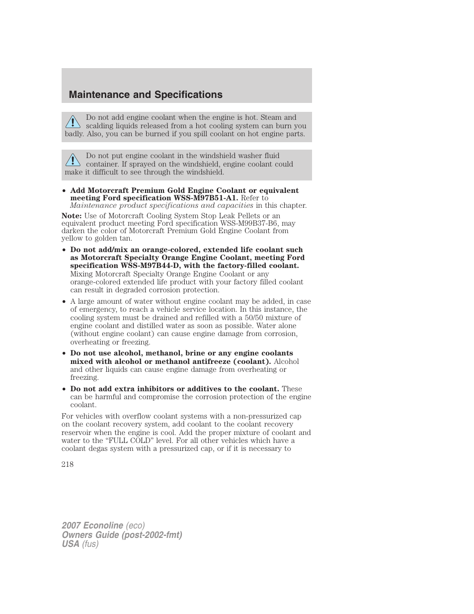Maintenance and specifications | FORD 2007 E-450 v.1 User Manual | Page 218 / 264