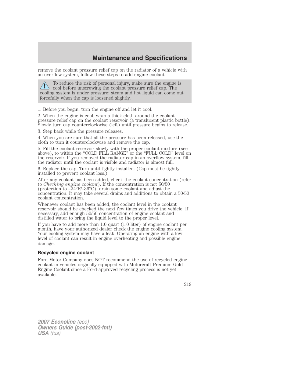 Recycled engine coolant, Maintenance and specifications | FORD 2007 E-450 v.1 User Manual | Page 219 / 264