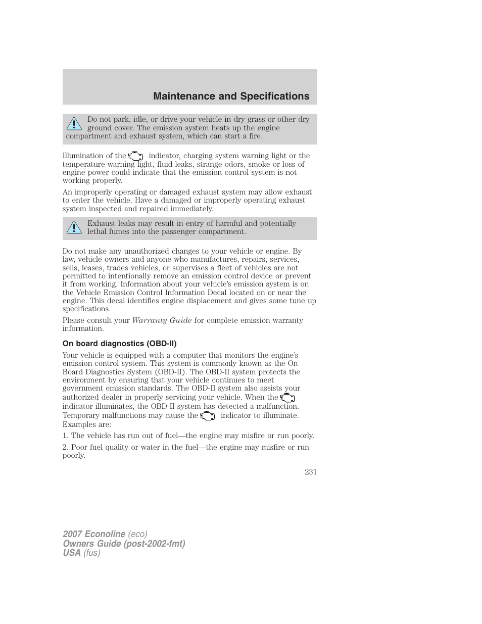 On board diagnostics (obd-ii), Maintenance and specifications | FORD 2007 E-450 v.1 User Manual | Page 231 / 264