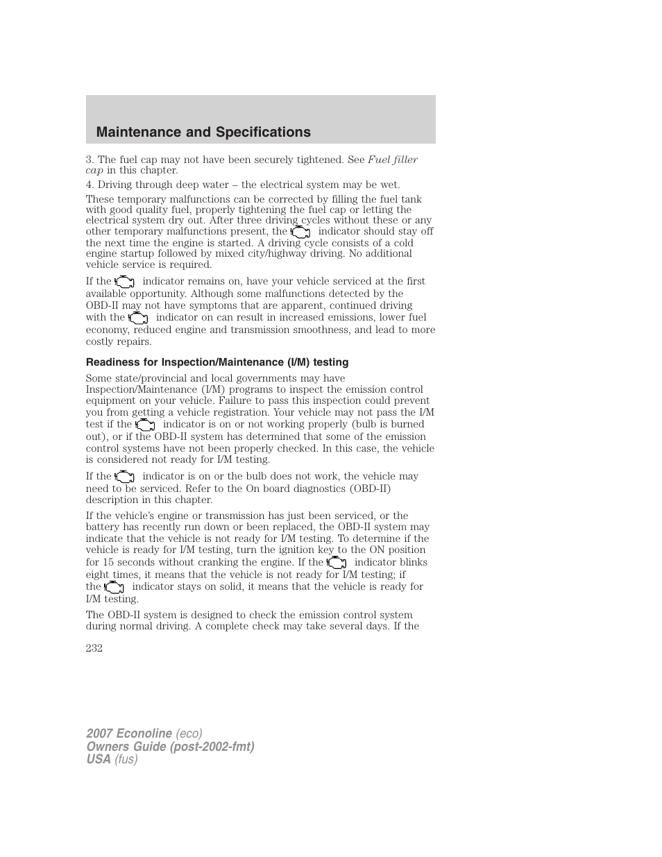 Readiness for inspection/maintenance (i/m) testing, Maintenance and specifications | FORD 2007 E-450 v.1 User Manual | Page 232 / 264