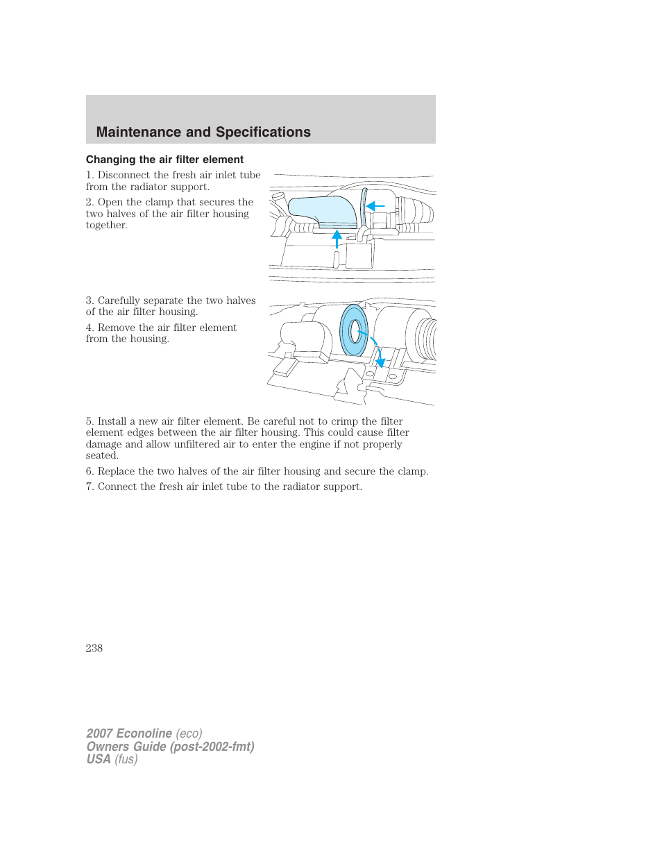 Changing the air filter element, Maintenance and specifications | FORD 2007 E-450 v.1 User Manual | Page 238 / 264