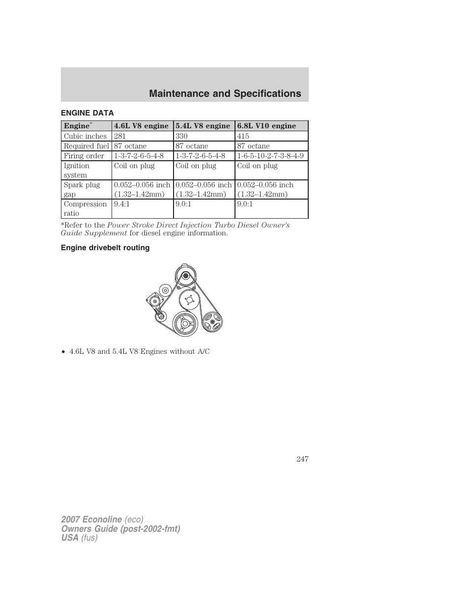 Engine data, Engine drivebelt routing, Maintenance and specifications | FORD 2007 E-450 v.1 User Manual | Page 247 / 264