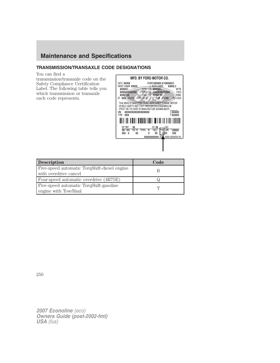 Transmission/transaxle code designations, Maintenance and specifications | FORD 2007 E-450 v.1 User Manual | Page 250 / 264