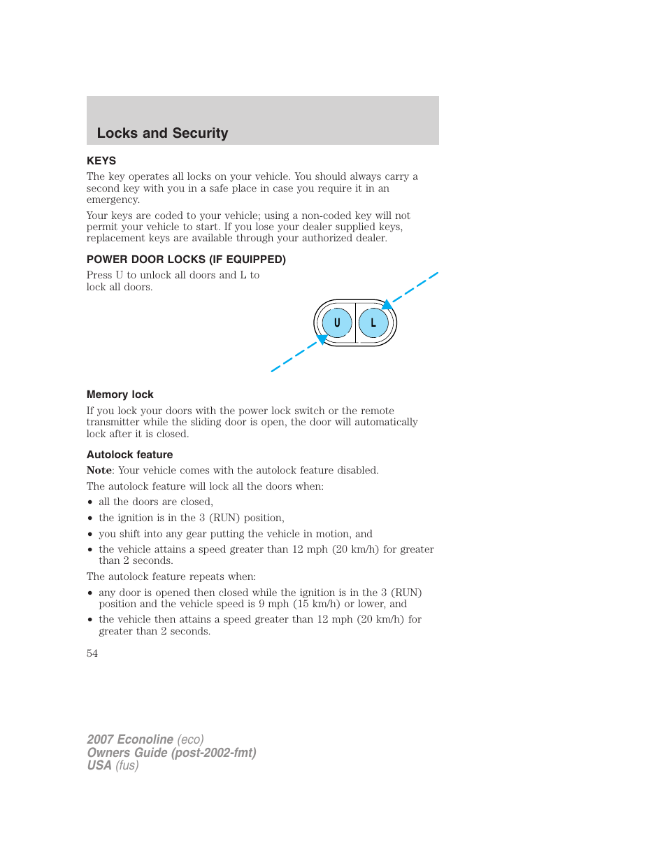Locks and security, Keys, Power door locks (if equipped) | Memory lock, Autolock feature, Locks | FORD 2007 E-450 v.1 User Manual | Page 54 / 264