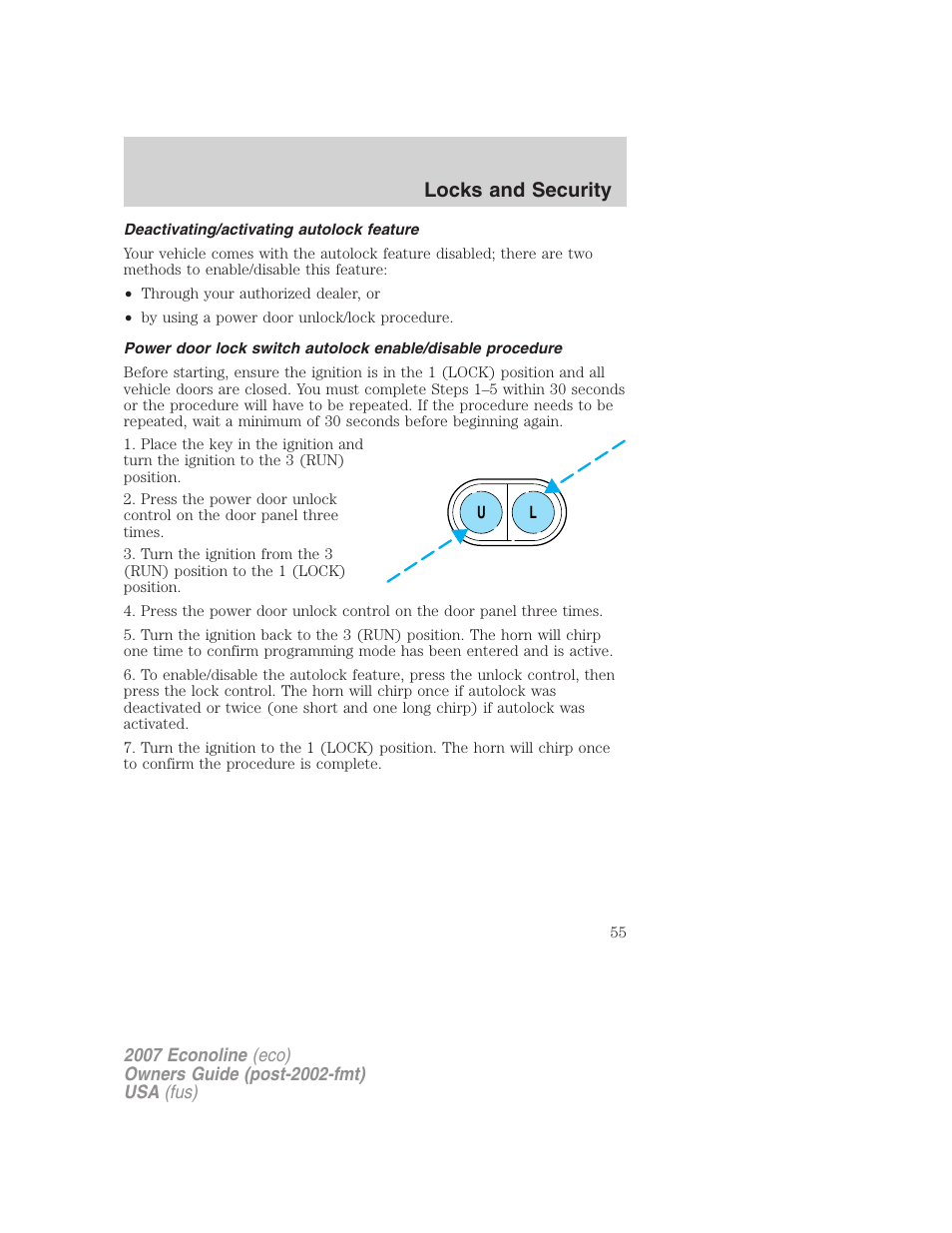Deactivating/activating autolock feature, Locks and security | FORD 2007 E-450 v.1 User Manual | Page 55 / 264