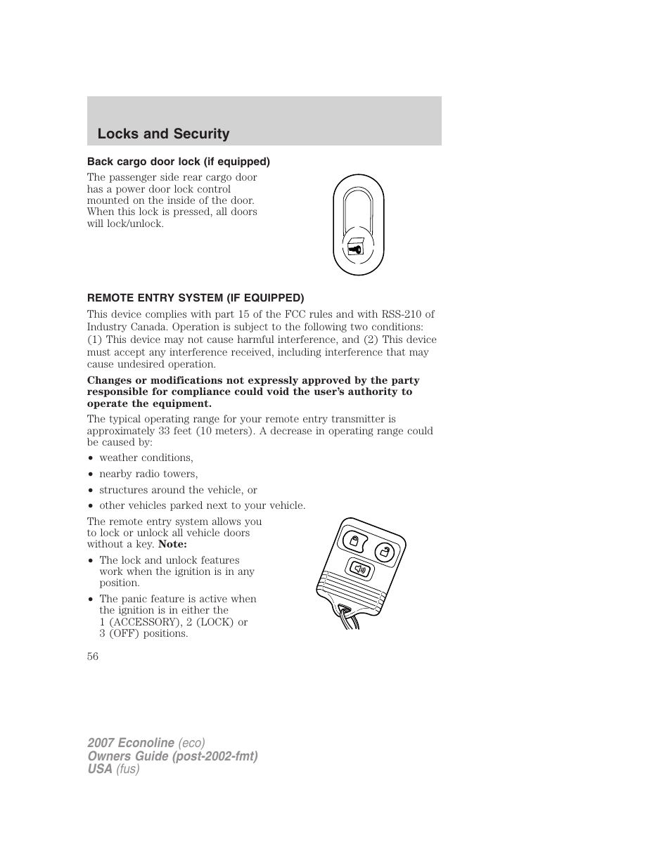 Back cargo door lock (if equipped), Remote entry system (if equipped), Locks and security | FORD 2007 E-450 v.1 User Manual | Page 56 / 264