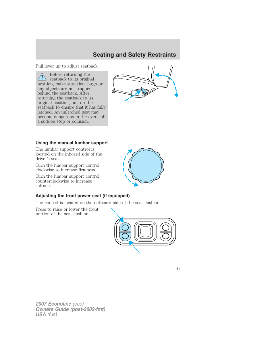 Using the manual lumbar support, Adjusting the front power seat (if equipped), Seating and safety restraints | FORD 2007 E-450 v.1 User Manual | Page 61 / 264