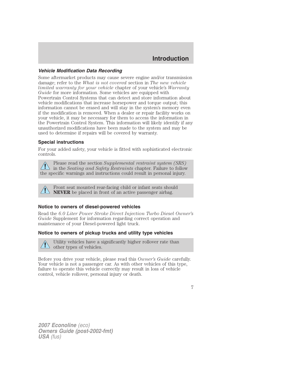 Vehicle modification data recording, Special instructions, Notice to owners of diesel-powered vehicles | Introduction | FORD 2007 E-450 v.1 User Manual | Page 7 / 264