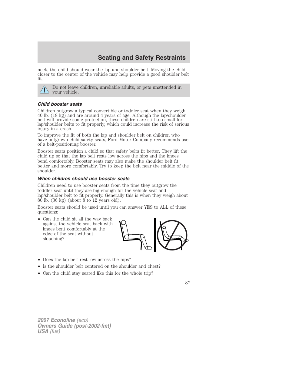 Child booster seats, When children should use booster seats, Seating and safety restraints | FORD 2007 E-450 v.1 User Manual | Page 87 / 264