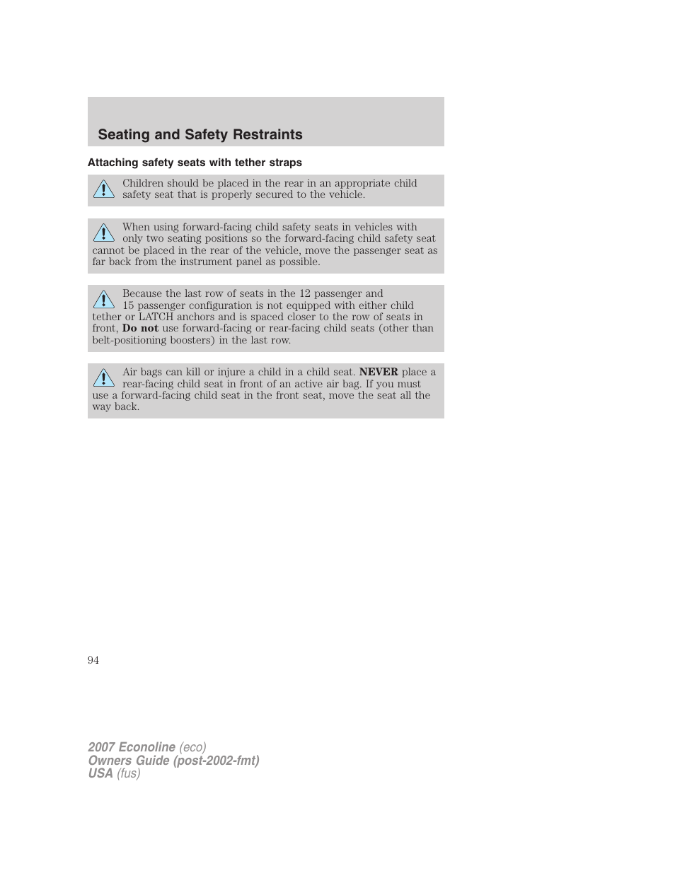 Attaching safety seats with tether straps, Seating and safety restraints | FORD 2007 E-450 v.1 User Manual | Page 94 / 264