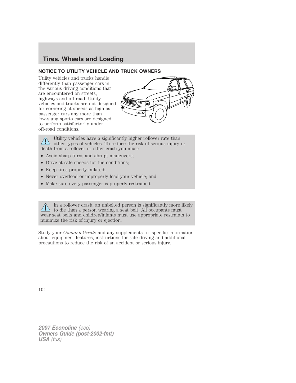 Tires, wheels and loading, Notice to utility vehicle and truck owners | FORD 2007 E-450 v.2 User Manual | Page 104 / 264