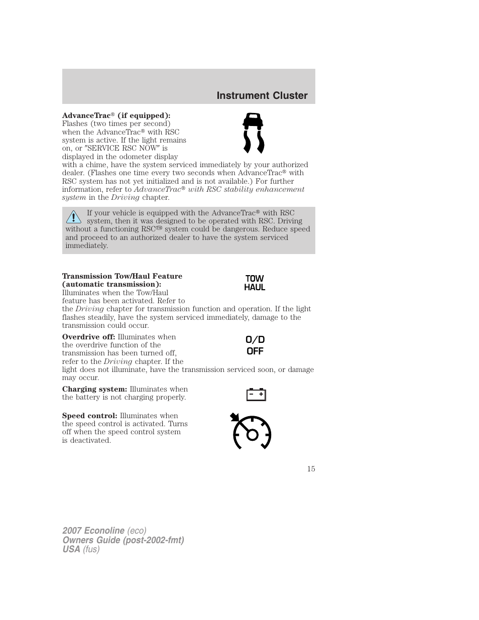 Instrument cluster | FORD 2007 E-450 v.2 User Manual | Page 15 / 264
