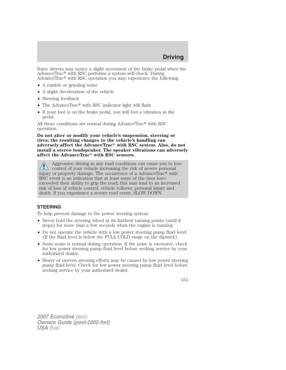 Steering, Driving | FORD 2007 E-450 v.2 User Manual | Page 151 / 264