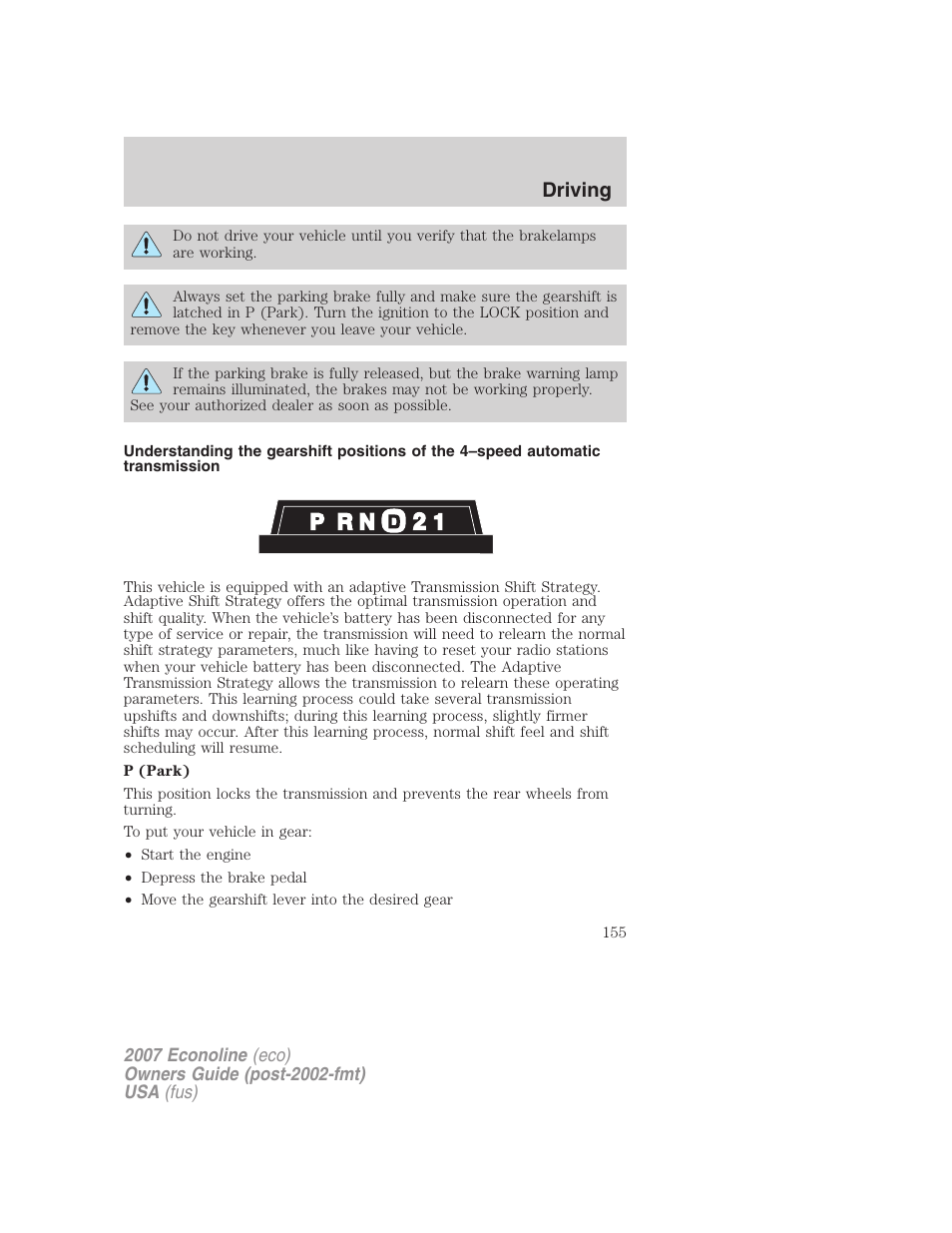 Driving | FORD 2007 E-450 v.2 User Manual | Page 155 / 264